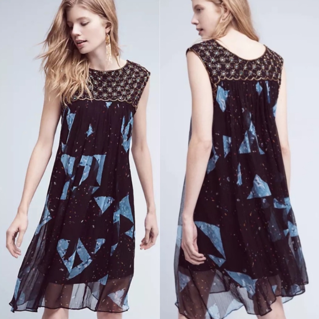Moulinette Soeurs Black And Blue Beaded Midi Swing Dress